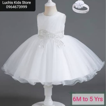 Girls' Princess white,sleevless ball gown with bow belt (+headband)