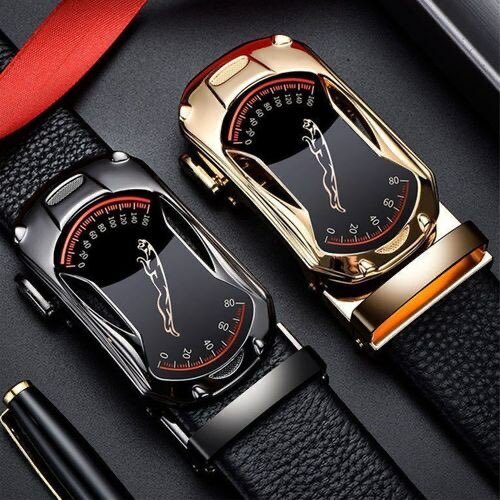 2-Piece Leather Automatic Buckle Belt - Black/Gold