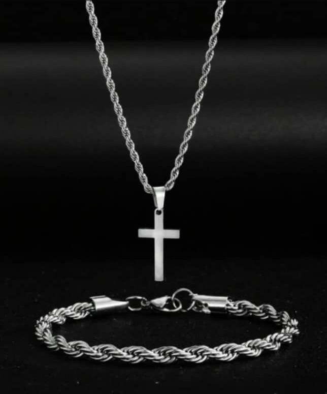 Collier et Bracelet Croix en Acier