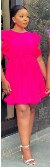 Dress bright pink, short sleeves, flounce, size s-2xl