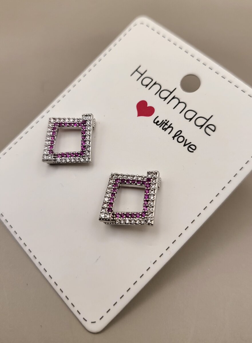 Square Silverand pink stone  Stud