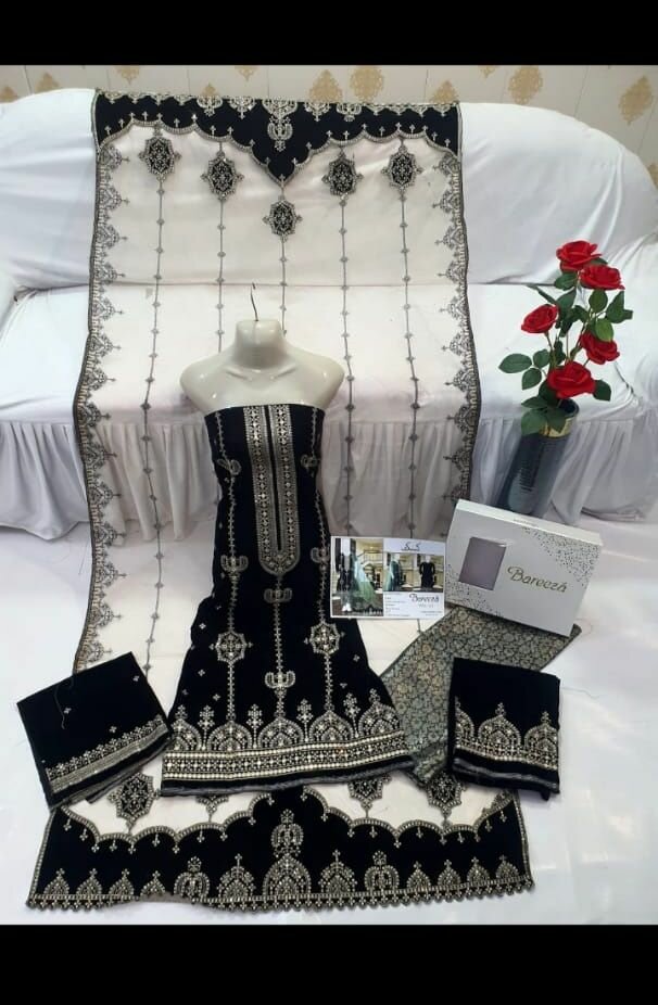 BREEZA Velvet suit With jamawar trouser and Net Dupatta..