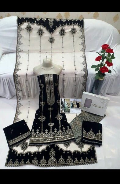 BREEZA Velvet suit With jamawar trouser and Net Dupatta..