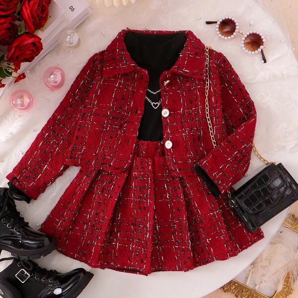 Ensemble chic fille tweed rouge
