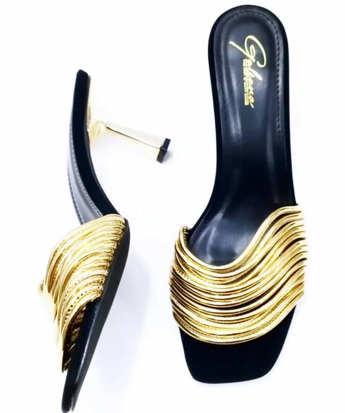 Stiletto heel sandals, black and gold