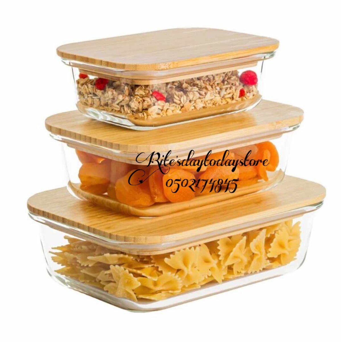 3 set glass bowls with bamboo lids