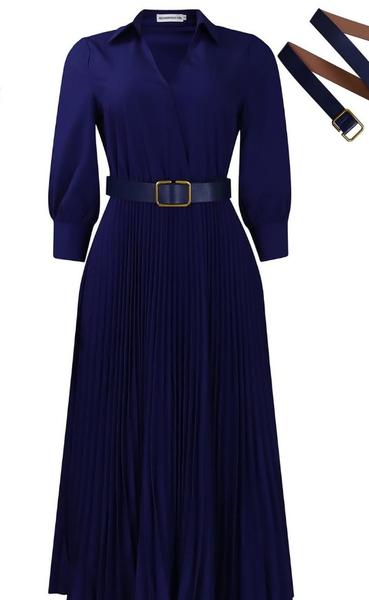 Women's navy blue dress with pleating and belt.