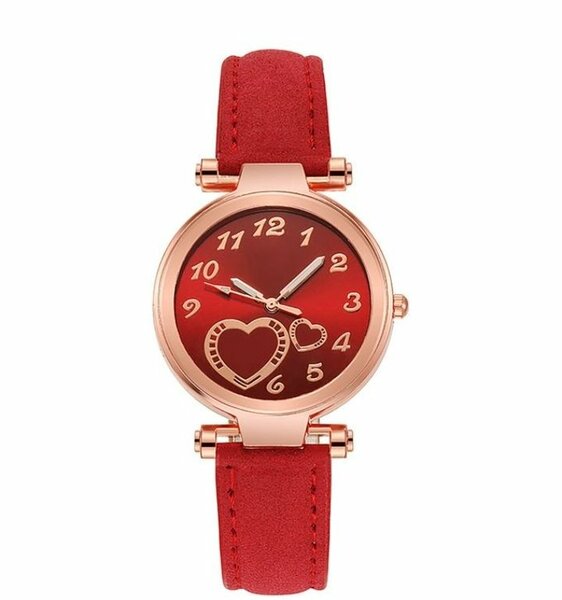 Women Watch Heart Dial Plate Anti-Scratch Faux Leather-Red