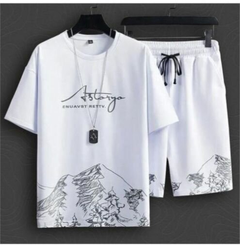 Ensemble de détente blanc avec t-shirt et short imprimé montagne pour hommes