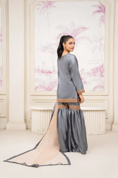 3 Piece Grey Silk Gharara Set