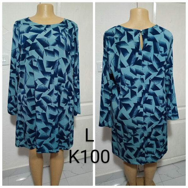 Women's dress is blue with a print, size L
