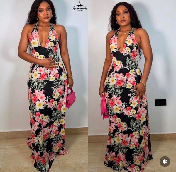 Women's Fully Lined Floral Halter Neck Maxi Dress