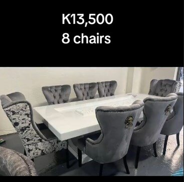 8 gray chairs + white table