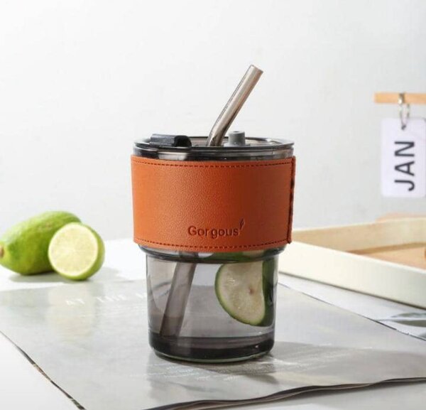 Glass Cup with Lid and straw