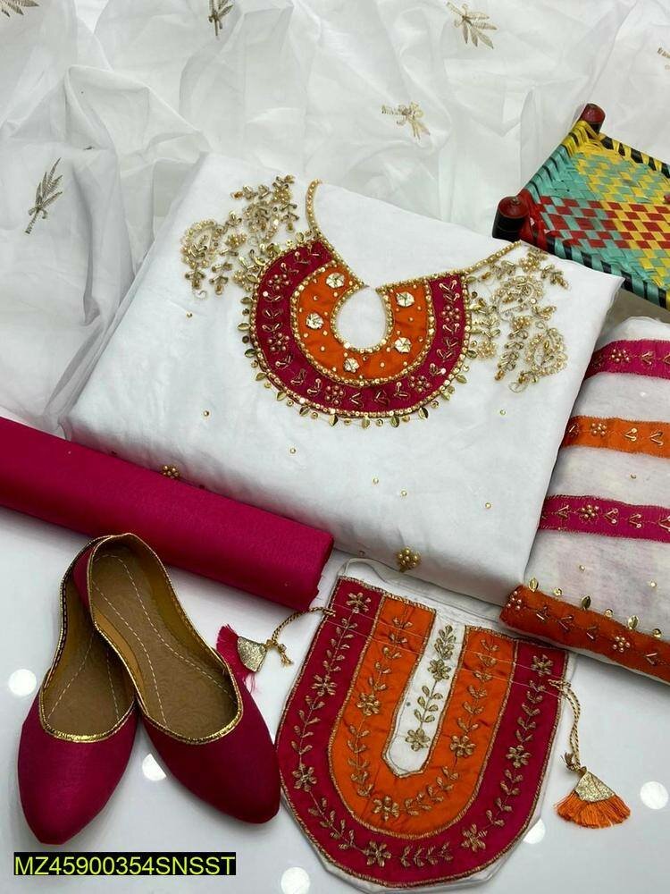 5 Pcs women's unstitched organza hand work fancy Dress