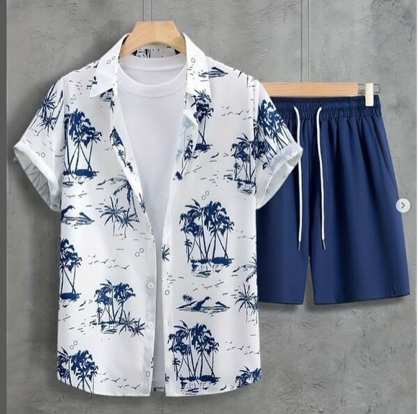 Beautiful light summer men's outfit (short sleeve shirt with print + shorts)