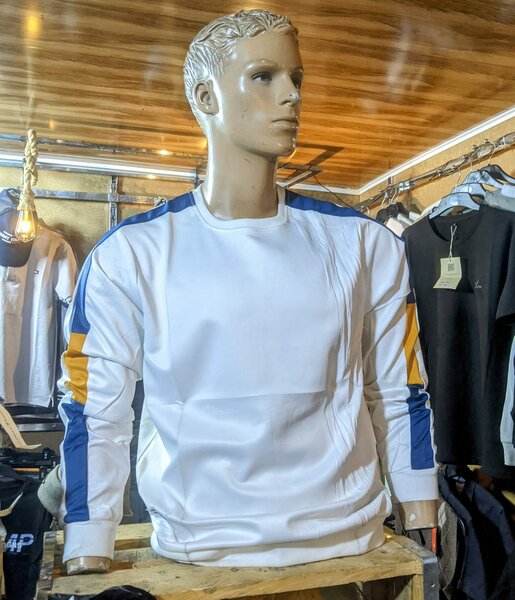 white sweatshirt with blue stripes