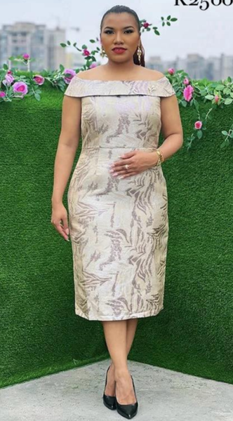 Beige Brocade Off Shoulder Dress