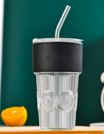 Embossed Design Glass Tumbler with 2-in-1 Sip+Straw Lid & Leather Sleeve  Glass Straw