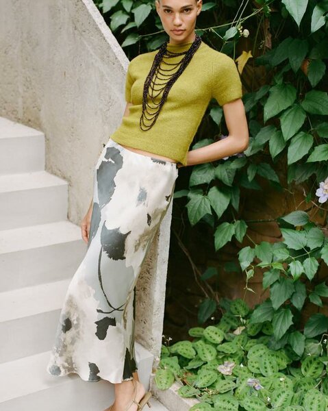 Zara Satin Printed Midi Skirt in Grey & Tan 