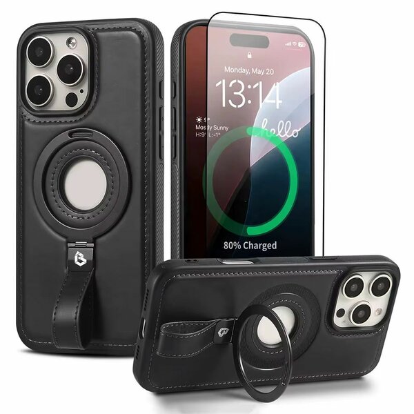 Coque cuir  noir avec support