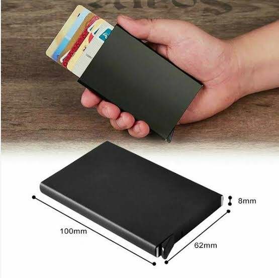Slim metal matte black card holder with push button rfid blo