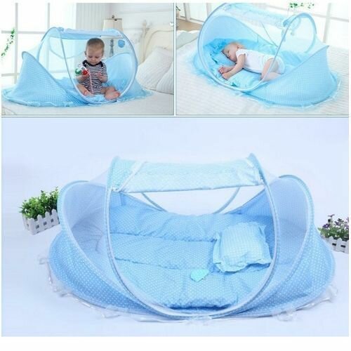 Lit Pliable Avec Moustiquaire Avec Coussin Oreiller- Bleu