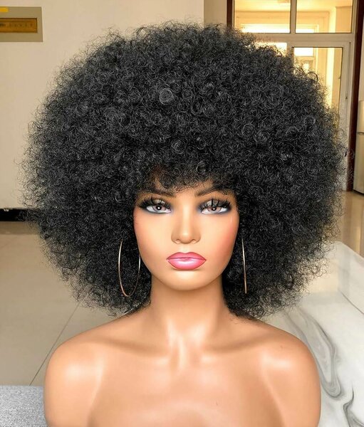 HIHOO Short Afro Wig with Bangs for Black Women Afro Curly W