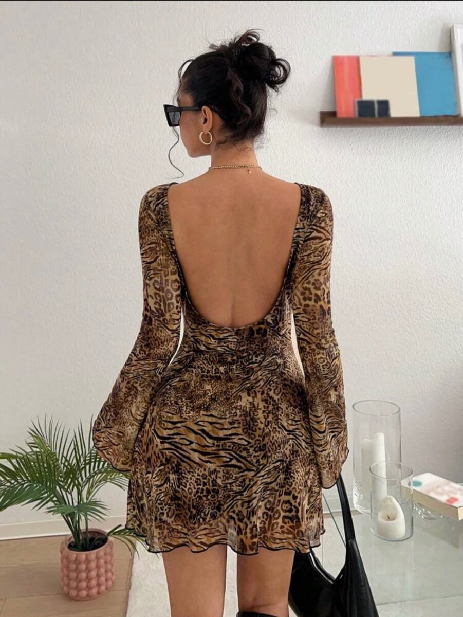 Leopard Print Backless Bell Sleeve Mesh Mini Dress