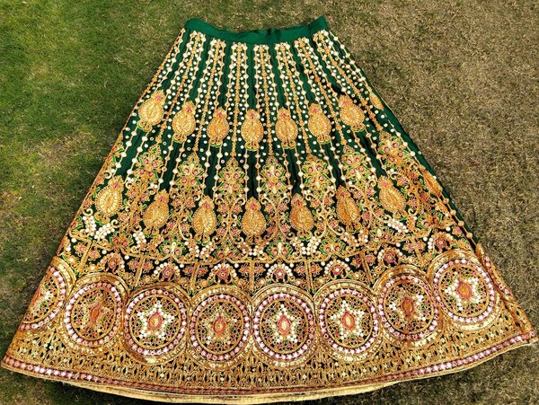 Lehenga with Dubata , Dark green with multi color dubata