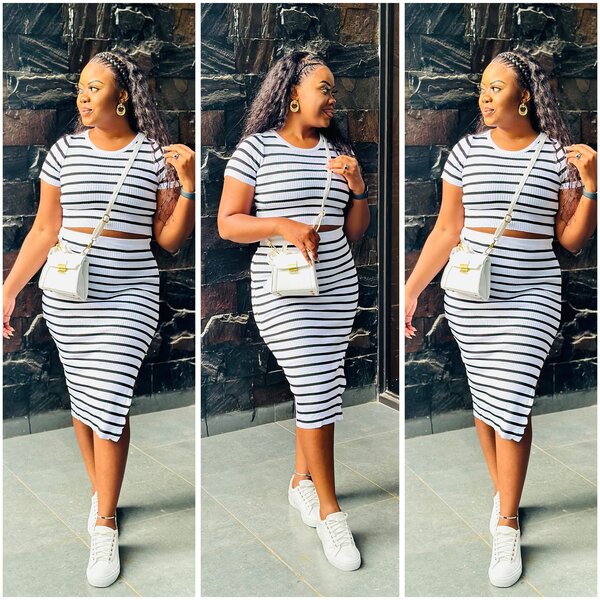 Set top+skirt, black and white striped, size S-2xl