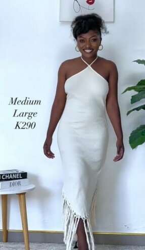 White dress, maxi, fringe on the hem