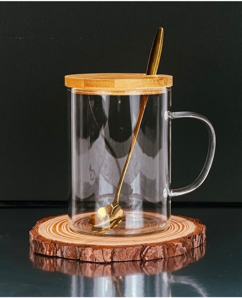 lBamboo Lid Borosilicate Glass Cup with Metal Spoon