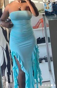 Asymmetrical dress, deep cutouts on the sides at the hem, blue