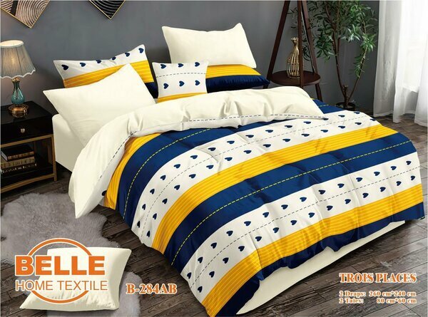 Parure de lit rayée jaune bleu blanc cœurs 4 pièces
