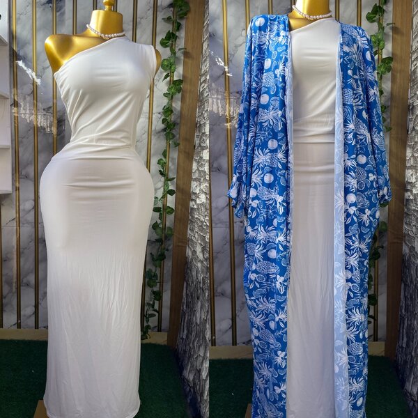 Robe Longue Élégante Bleu & Blanc