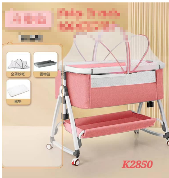 pink crib with a net