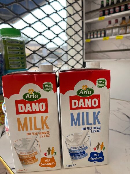 A package of Dano milk from Arla, UHT full cream with 3.5% fat content, volume 1 liter.