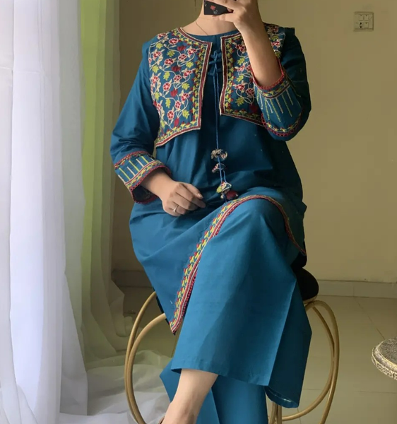 *Cotton Embroidery Shirt + 2 Side Embroidery Kotti With Free Size Flapper*