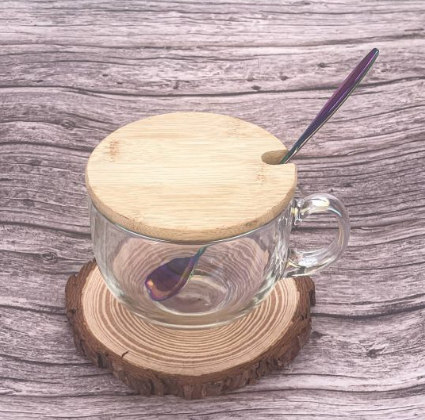Stylish Iridescent Glass Cup with Natural Bamboo Lid and Ombre Metal Spoon