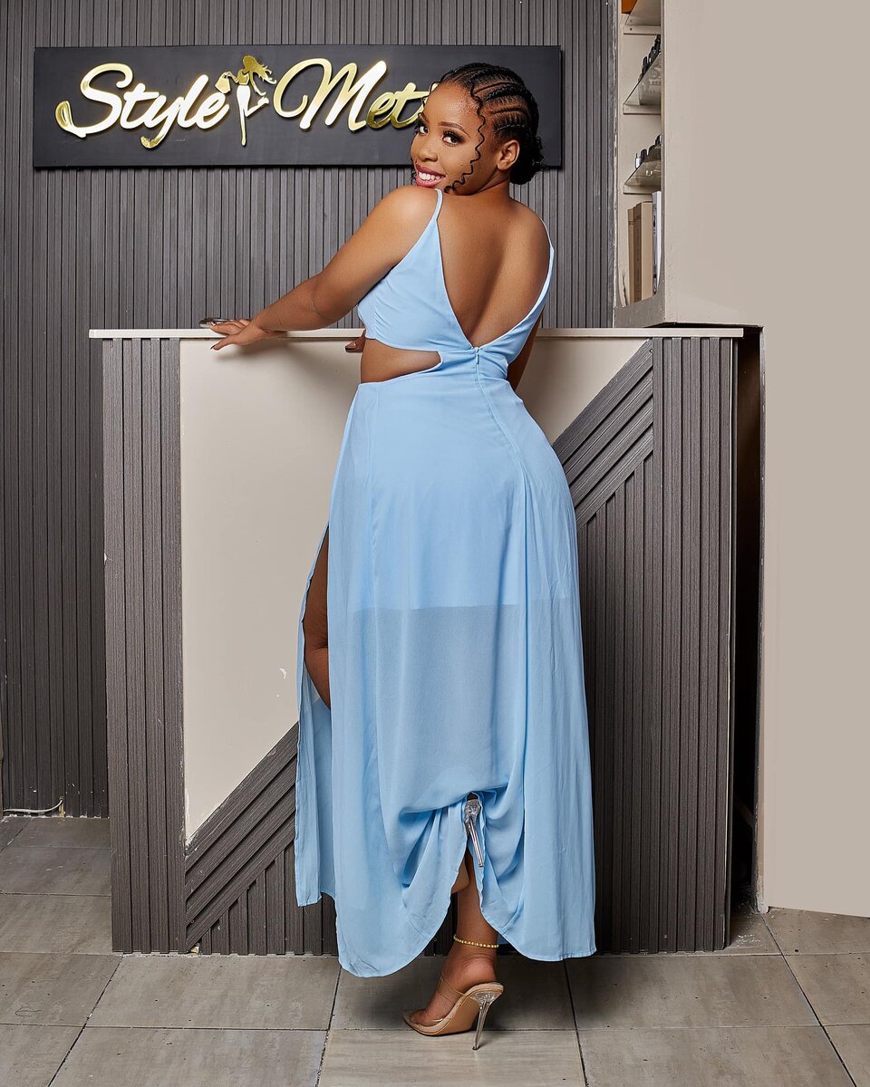 Blue chiffon women's sundress with high slits