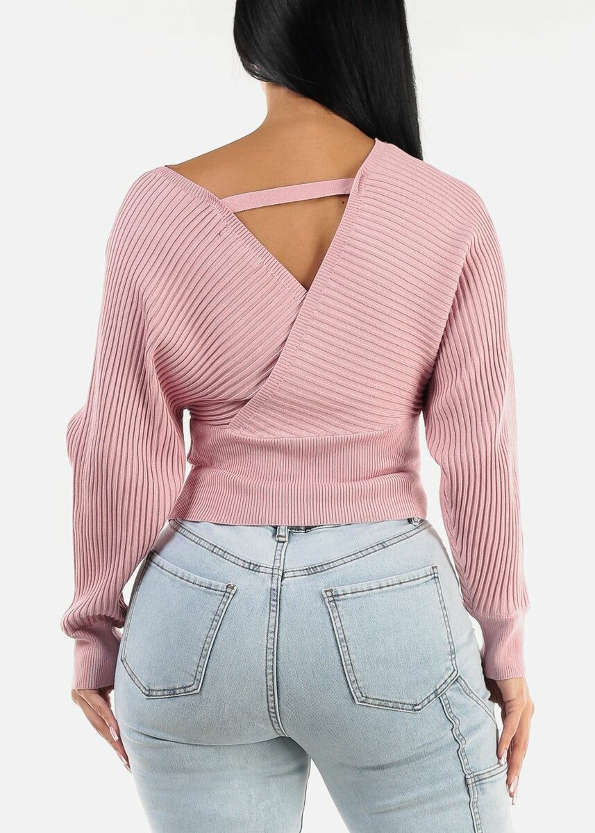 Long Sleeve Surplice Knit Sweater Top