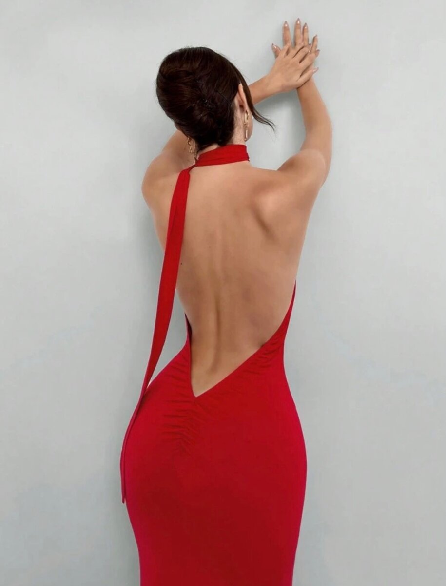 Red Backless Halter Dress For Date