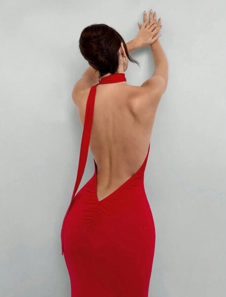 Red Backless Halter Dress For Date