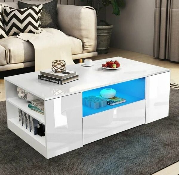 2 Drawers Wooden LED Coffee Table - White