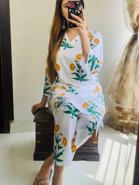 2 Pc woman's Stitched linen Printed Shirt and Trouser