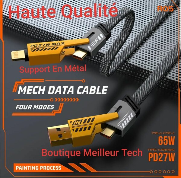 Câble Solide 4 en 1 - Bout en métal - 64w USB Type-C lightn