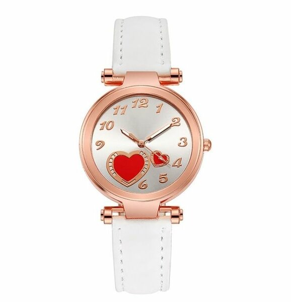 Women Watch Heart Dial Plate Anti-Scratch Faux Leather-White