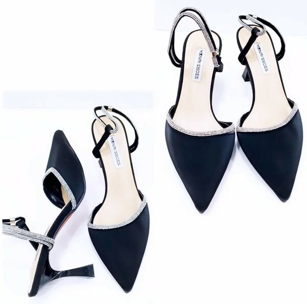 Black shoes, rhinestone trim