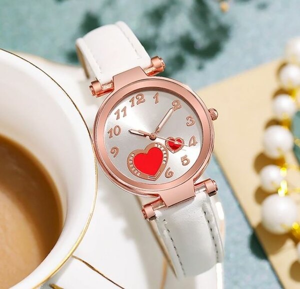 Women Watch Heart Dial Plate Anti-Scratch Faux Leather-White